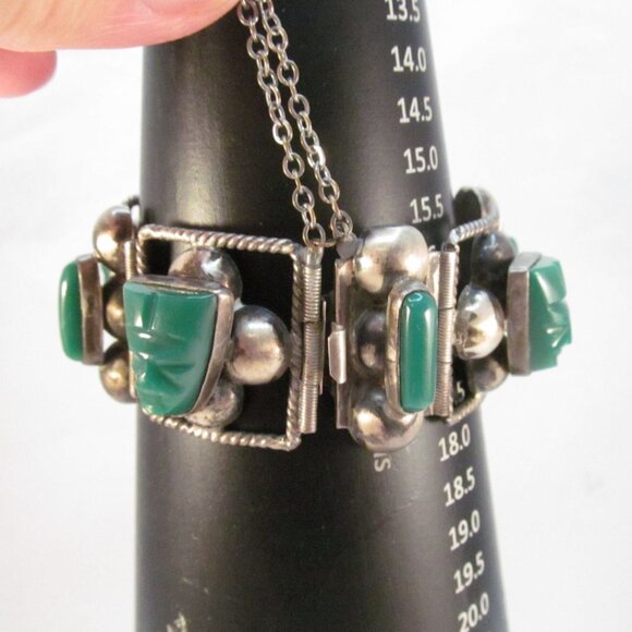 Sterling Silver Carved Green Onyx Tribal Face Mexican Link Bracelet Size 6.75 - Picture 4 of 16
